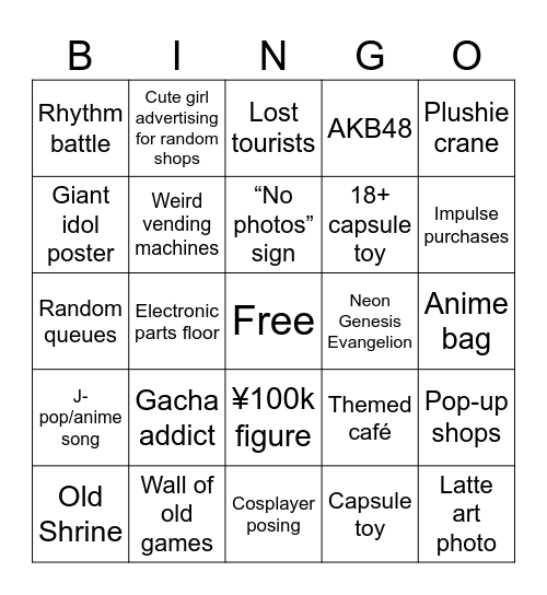 Things expected to see in Akihabara Bingo Card