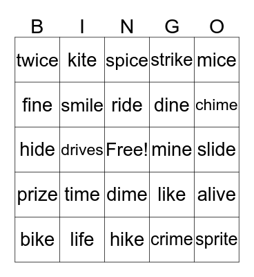 Phonics pattern Long i: i_e Bingo Card