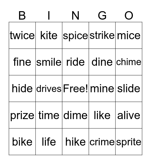 Phonics pattern Long i: i_e Bingo Card