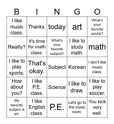 Lesson 9. My favorite subject is science. Bingo Card
