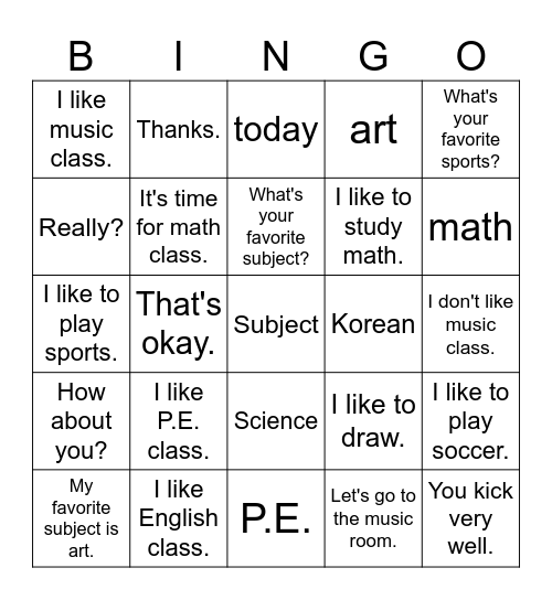 Lesson 9. My favorite subject is science. Bingo Card