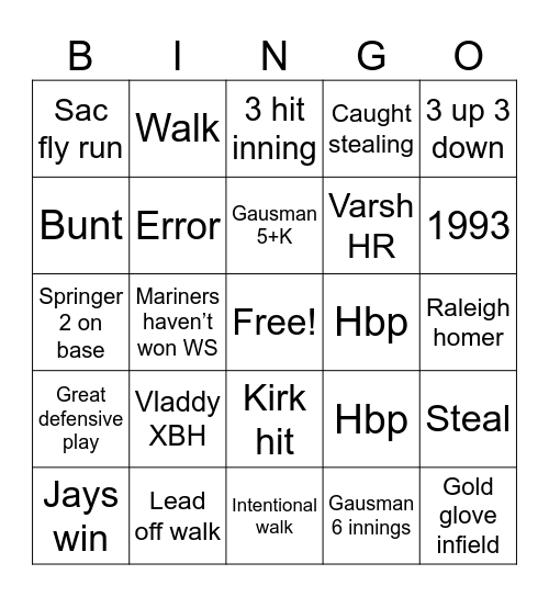 ALCS Game 1 Bingo Card