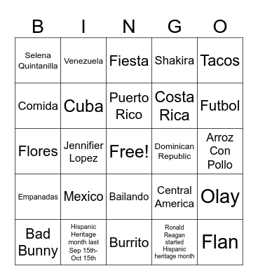 Hispanic Heritage Bingo Card