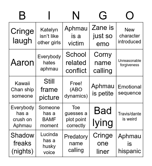 Aphmau Bingo Card