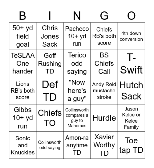 Sunday Night Football Bingo Card
