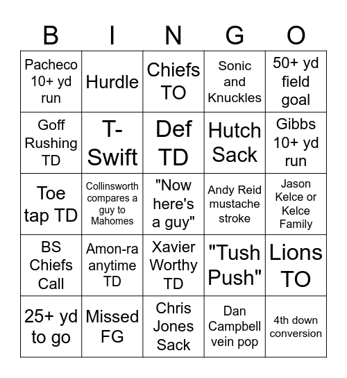 Sunday Night Football Bingo Card