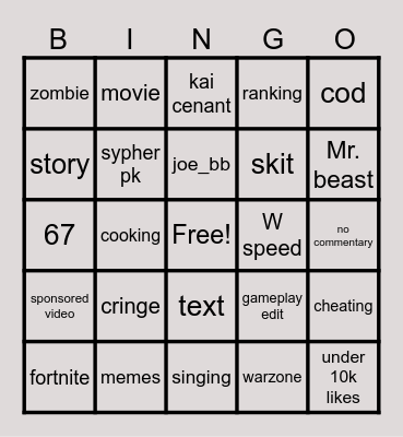 youtube shorts Bingo Card