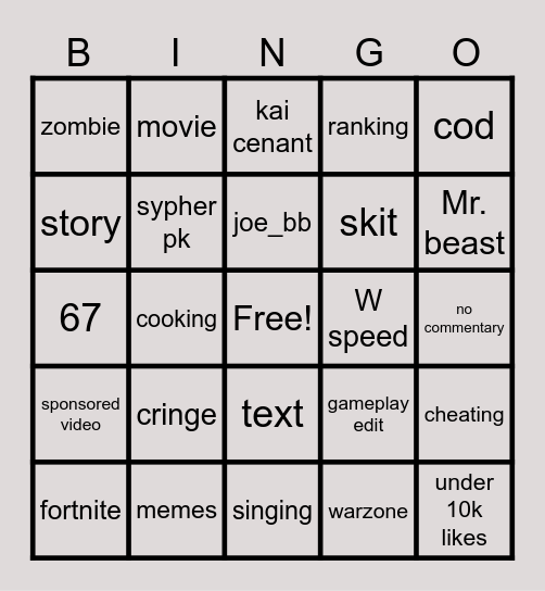youtube shorts Bingo Card
