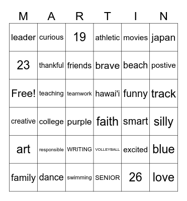 Get to Know Ms. Martin! Bingo Card