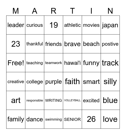 Get to Know Ms. Martin! Bingo Card