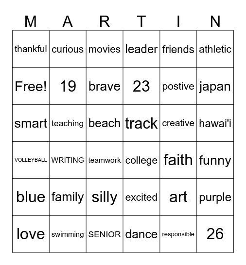 Get to Know Ms. Martin! Bingo Card