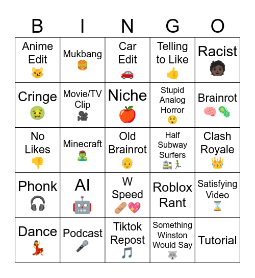 Shorts Bingo Card