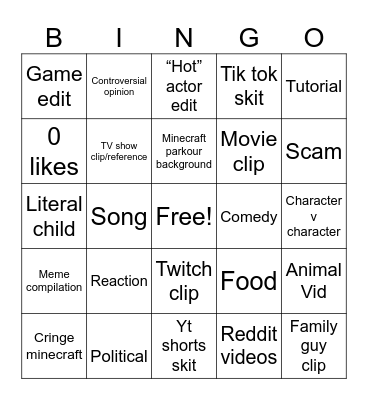 YouTube shorts Bingo Card