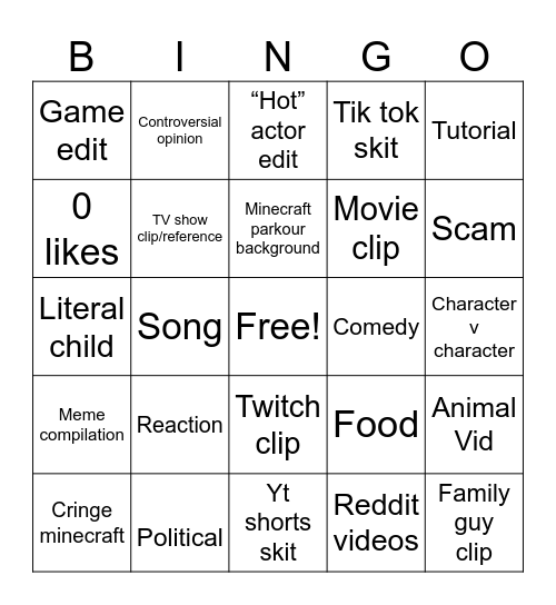 YouTube shorts Bingo Card
