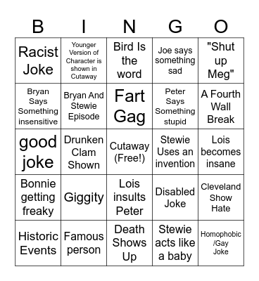 Family Guy Bingo Card
