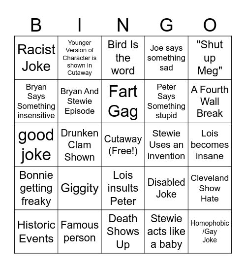Family Guy Bingo Card