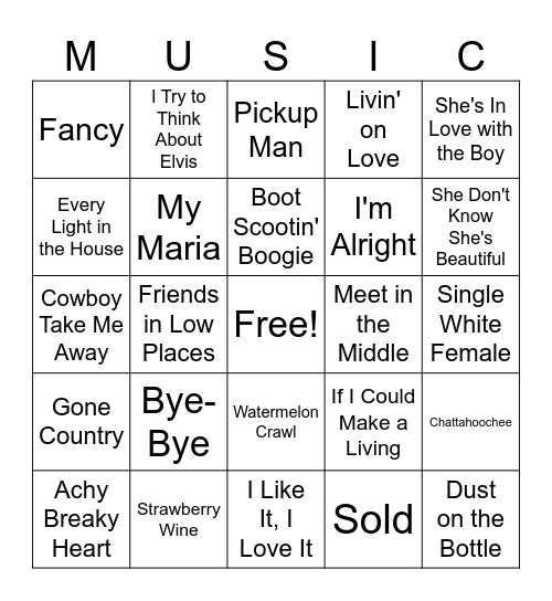 90s Country Bingo Card