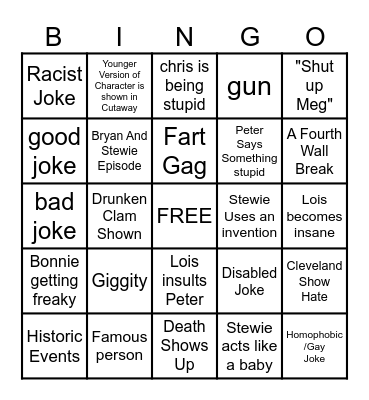 Family Guy Bingo Card