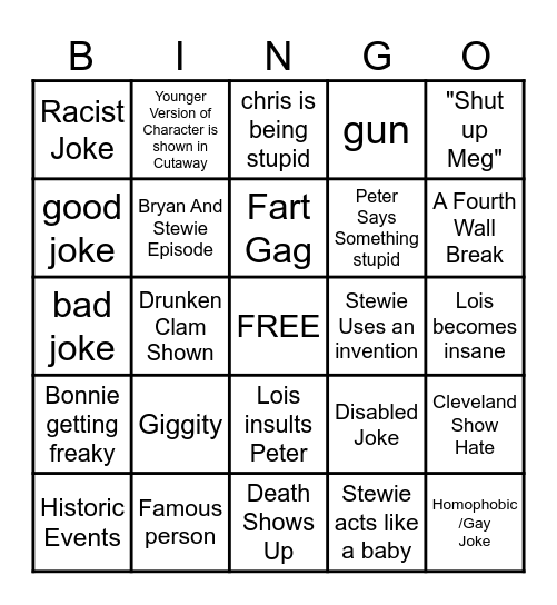Family Guy Bingo Card