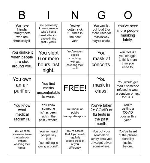 Queerness is Masking!! Bingo Card