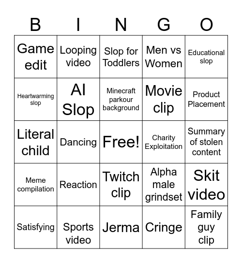 YouTube shorts Bingo Card