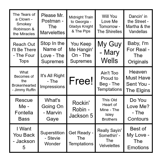 MOTOWN HITS Bingo Card