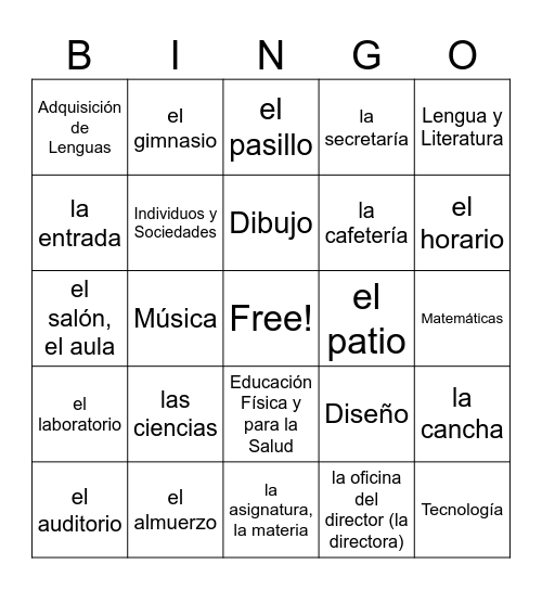 Partes del Colegio Bingo Card