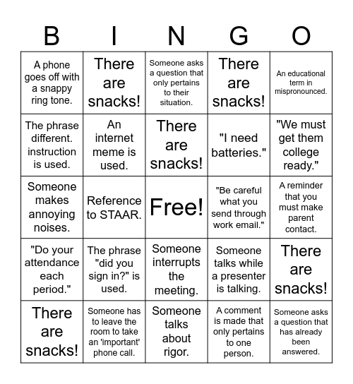 STAFF MEETING Bingo Card