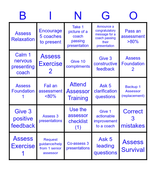 Fast Track Assessor BINGO Challenge Bingo Card
