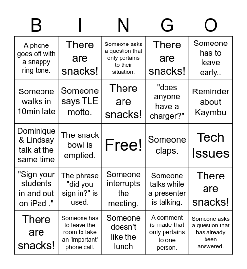 STAFF MEETING Bingo Card