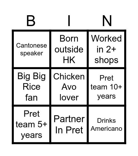 Pret Bingo Card