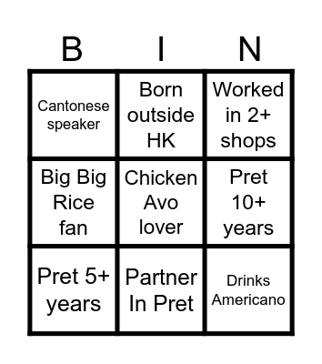 Pret Bingo Card