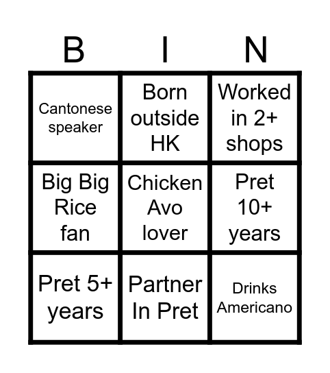 Pret Bingo Card