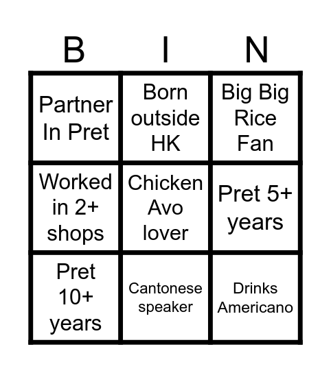 Pret Bingo Card