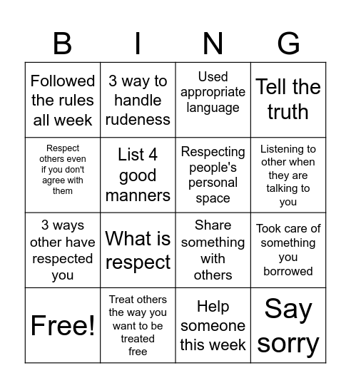 Respect Bingo Card