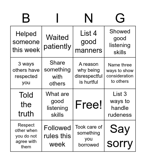 RESPCT BINGO Card