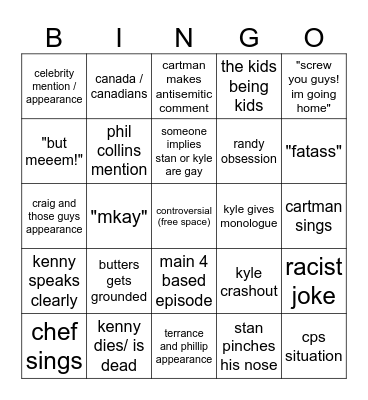 south park bingo Card