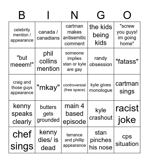 south park bingo Card