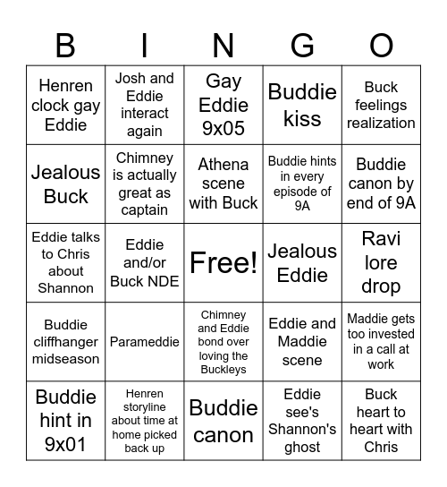 9-1-1 Season 9 Bingo Card