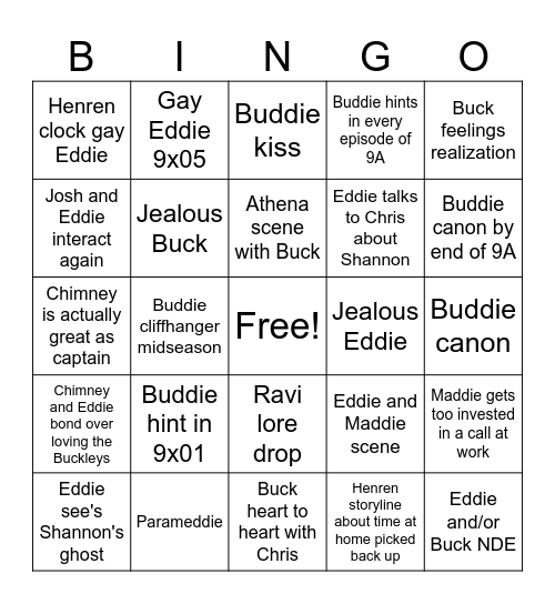 9-1-1 Season 9 Bingo Card