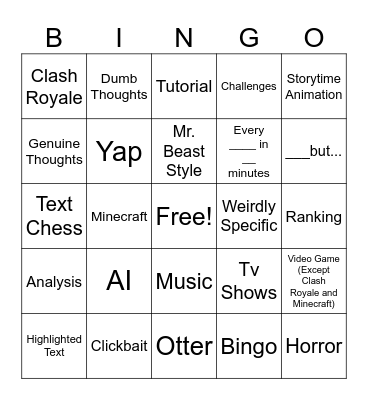 YouTube FYP Bingo Card
