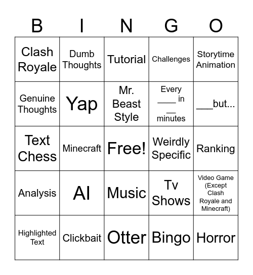 YouTube FYP Bingo Card