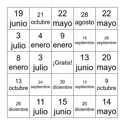 Mi cumpleaños es el ___ de _______ Bingo Card