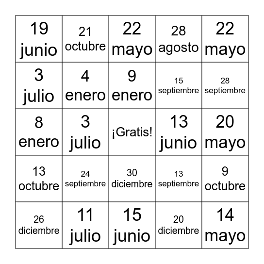 Mi cumpleaños es el ___ de _______ Bingo Card