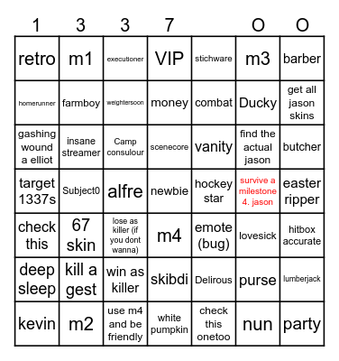 slasher card Bingo Card