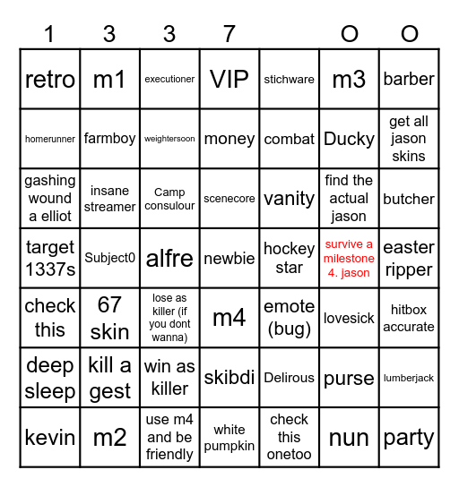 slasher card Bingo Card