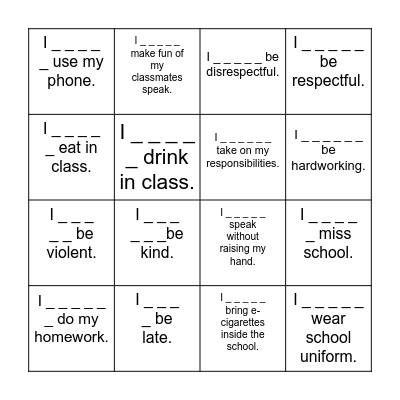 What must you do at school? Bingo Card