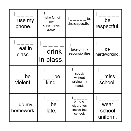 What must you do at school? Bingo Card