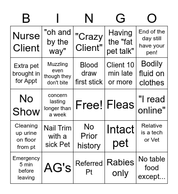 Vet Tech Bingo! Bingo Card