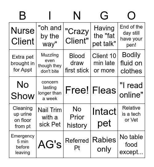 Vet Tech Bingo! Bingo Card